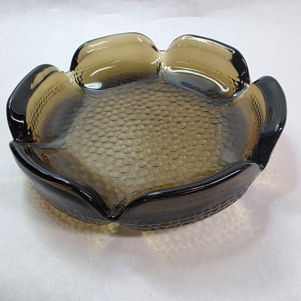 Vintage Ashtray Smokey Brown Glass‎ Honeycomb Pebbled Pattern